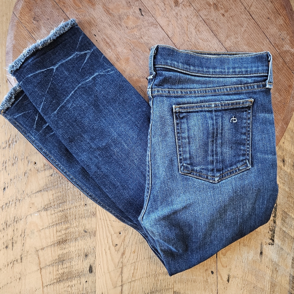 RAG & BONE CROP LOW RISE FRAYED HEM WOMEN’S JEANS sz 30 Dark Wash Denim - Picture 2 of 14
